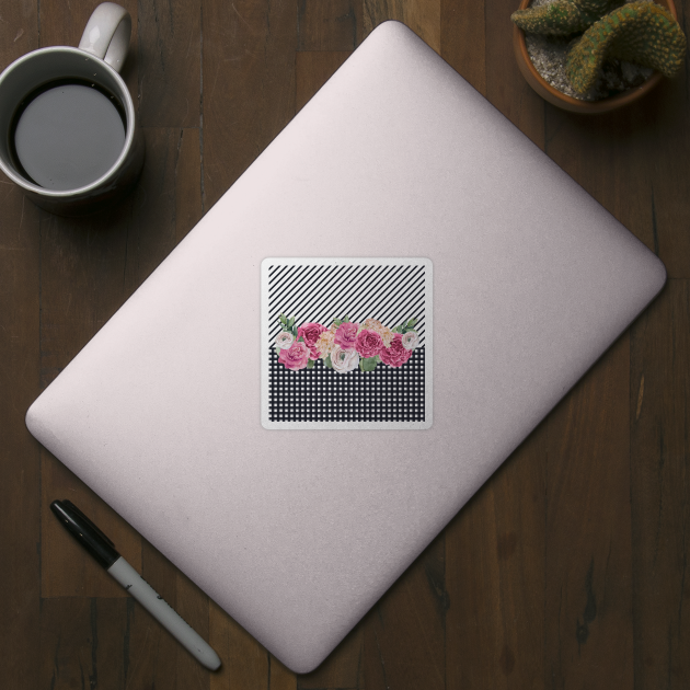 Pink floral Black Gingham / Pink roses / Black Pattern by allthumbs